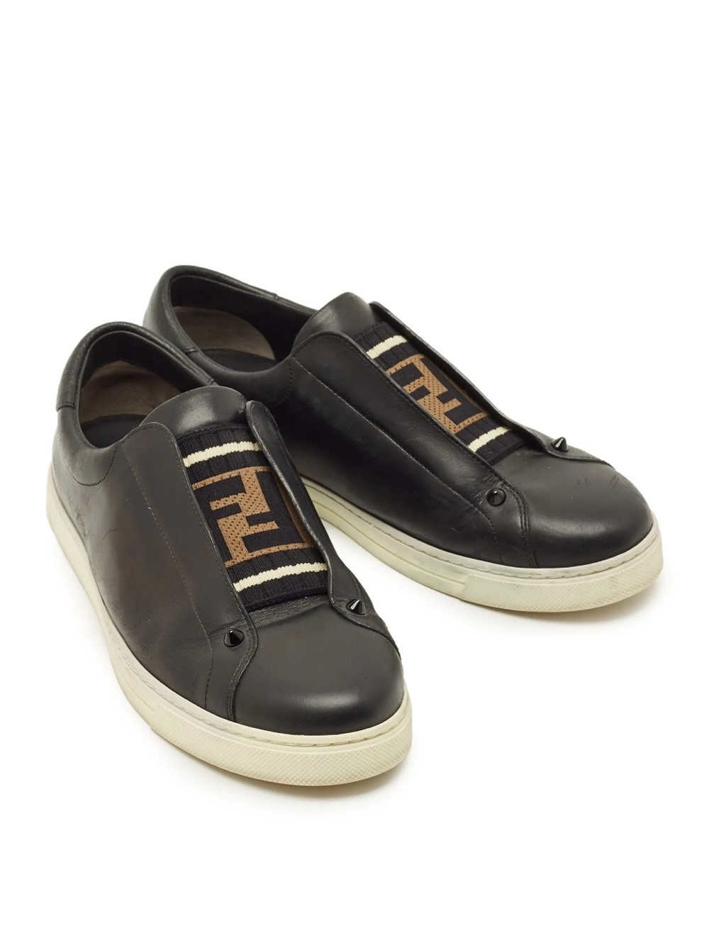 Fendi Black Leather Slip-On Sneakers with Logo Knit Panel